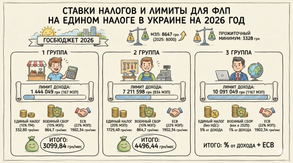 инфографика по ставкам налогов и лимитам для ФЛП на едином налоге в Украине на 2026 год