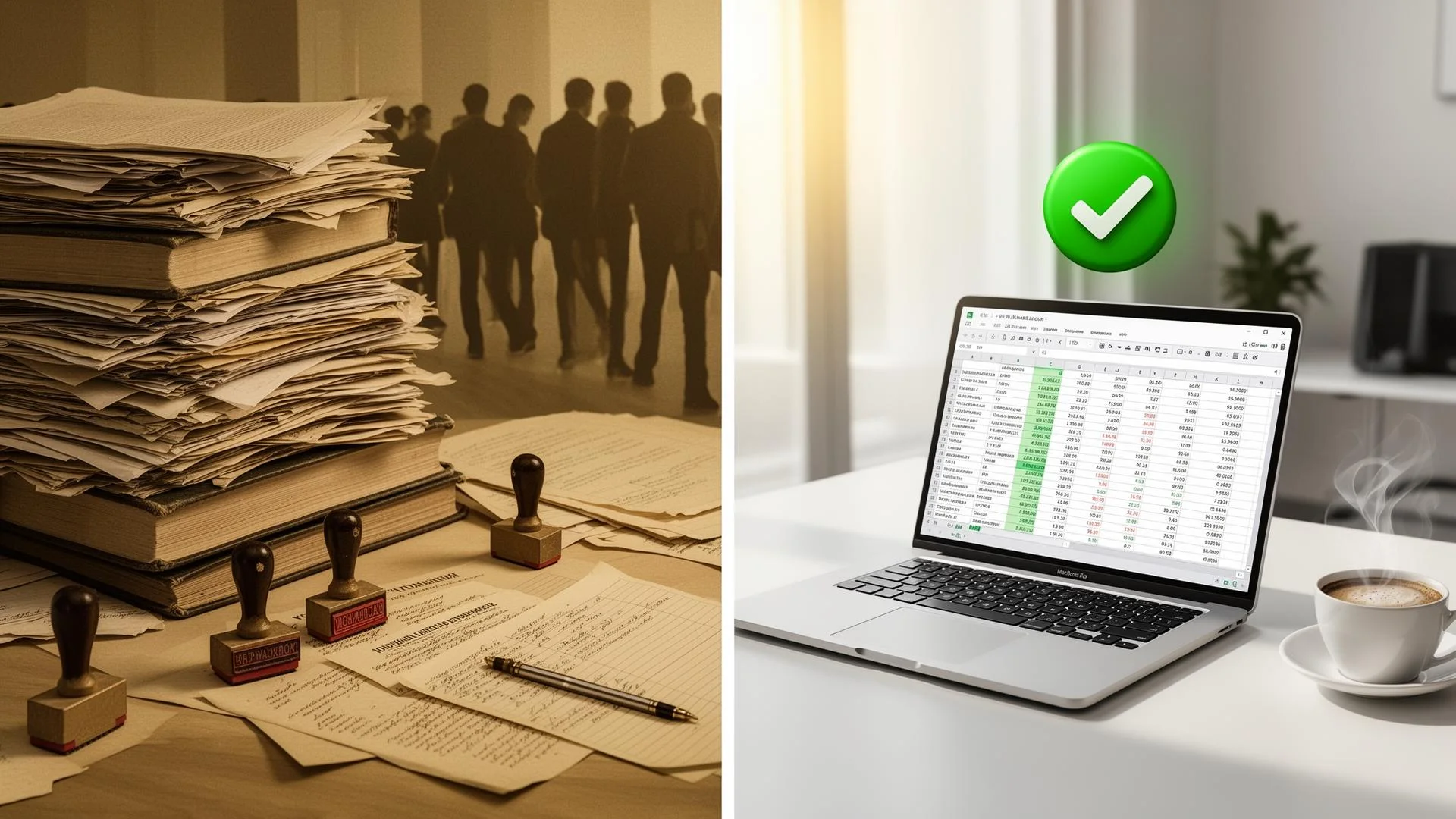 Эволюция учета: сплит-изображение, бумажная бюрократия слева и ноутбук с Excel справа
